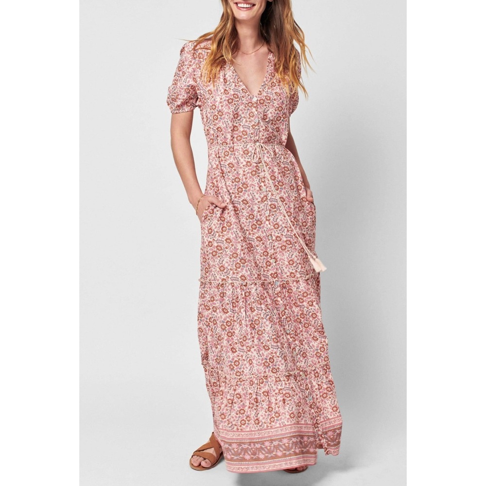 Faherty Floral Maxi Dress Orinda Small Pink Boho Button Front‎ Puff Sleeve